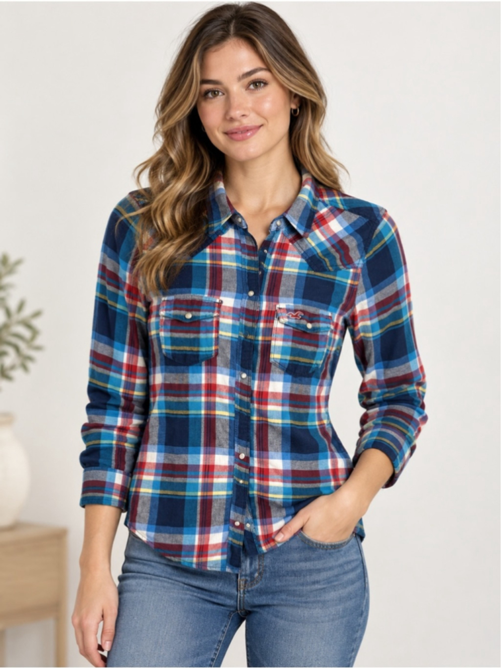 Hollister Blue and Red Plaid Button-Down Shirt Size S Western Plaid Cowboy